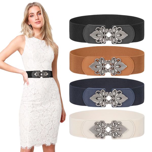 4 Pieces Women Stretchy Wide Waist Belts Chic Stylish Elastic Cinch Belt Ladies Vintage Elegant Stretch Wide Cinch Belt For Dress (Suitable for waist 26''-32'',Black+Brown+Blue+Beige )