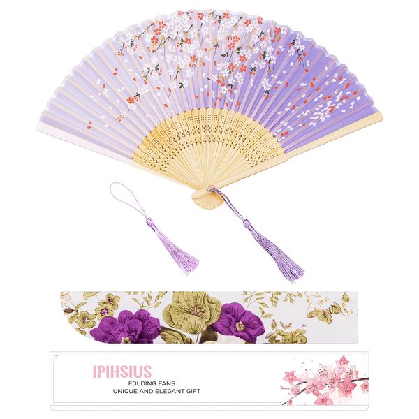 iPihsius Folding Fan, Slik Folding Hand fan with First Layer Bamboo, with Storage Bag, 2Pcs Tassels, For Cooling, Performances, Decorations, Gifts, Classic Ink Plum Gradient Violet