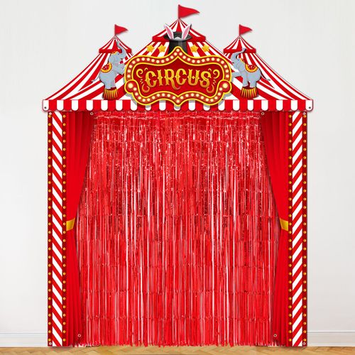 Tingjoo 6 Pcs Carnival Circus Party Decorations Set Red and White Circus Tent Door Cover Banner with Red Tinsel Fringe Curtain Backdrop Striped Awning Halloween Clown Theme Birthday Supplies