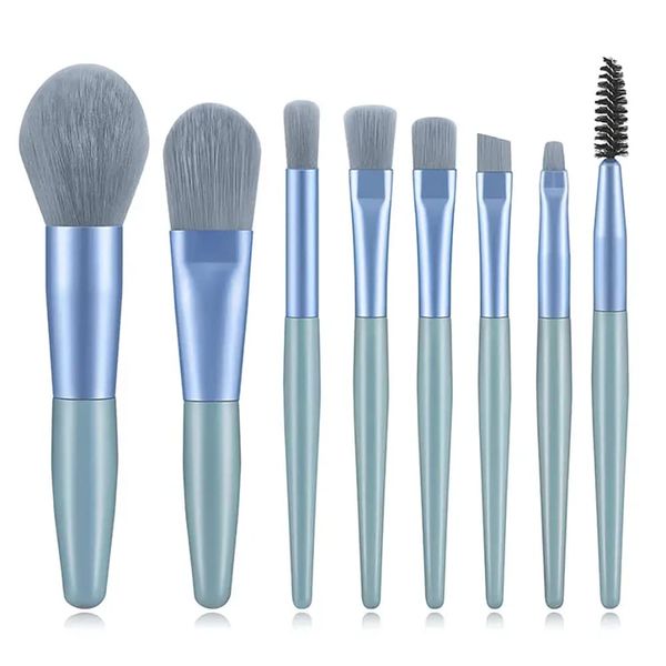8-Piece Blue Makeup Brush Set: Enhance Your Face Makeup with Angular Blush, Flat Brush, Smudge Brush - Lighted, Personalized Features Included