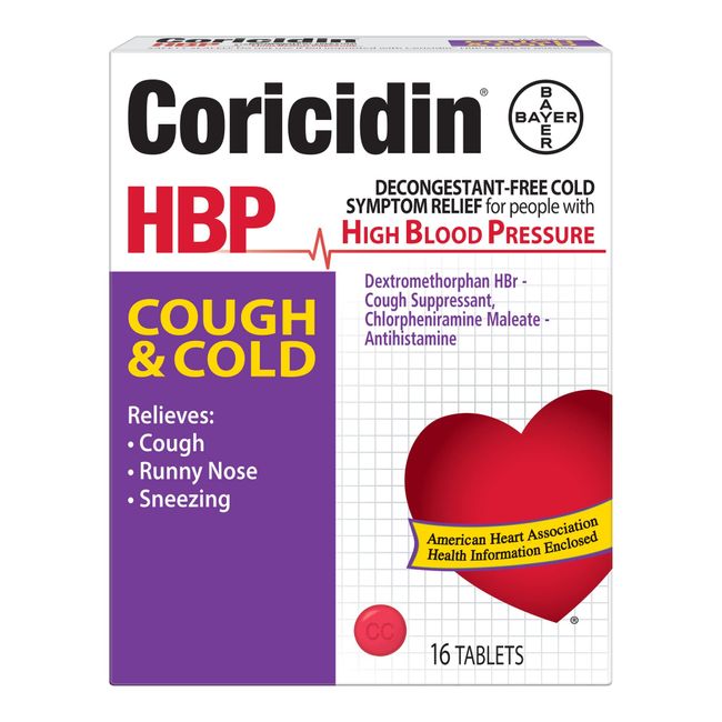 Coricidin HBP Antihistamine Cough & Cold Suppressant for People with High Blood Pressure, 16 ct