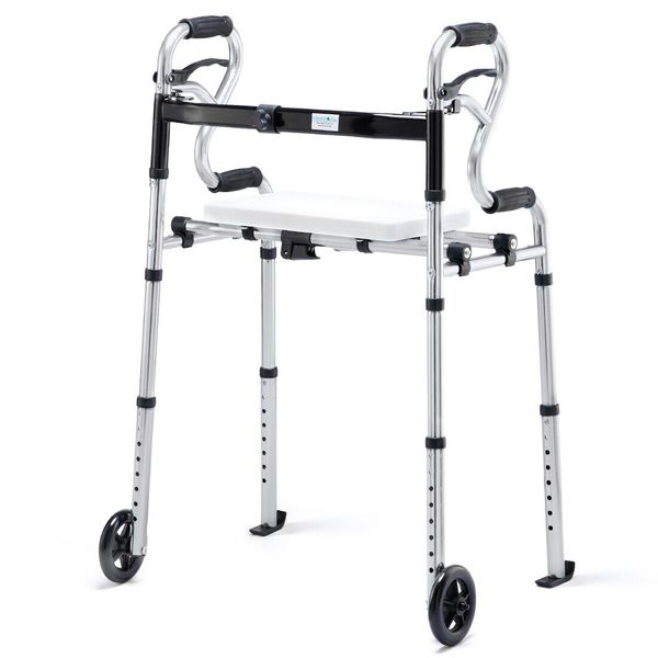 Medical Aluminum 5" Wheels 4 in 1 Adjustable Folding Walker w/Seat 350lbs Sliver