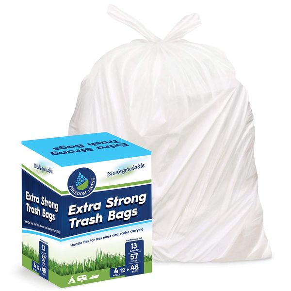 Freedom Living Biodegradable Heavy Duty White Trash Bags with Handle Ties for Kitchen, Yard, Lawn, Contractor, Janitorial or Office (13 Gallon - Pack of 48)