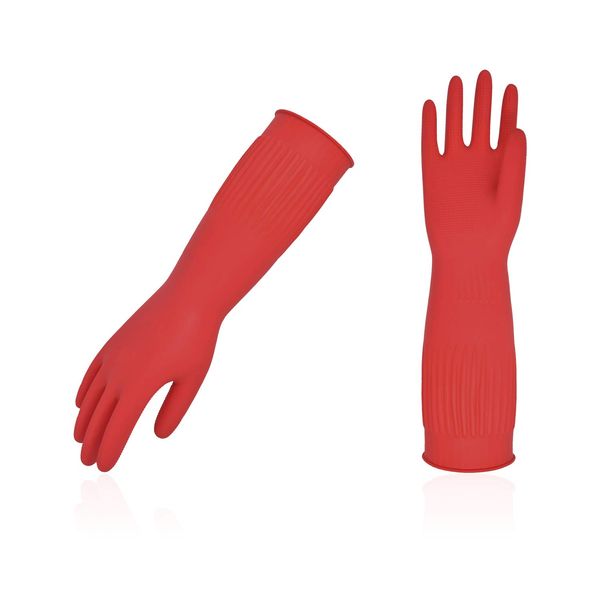 Vgo...RB2143 Kitchen Gloves, Waterproof Gloves, Long Rubber Gloves, Work, Dishwashing Gloves, Cleaning Gloves, Long Sleeve, Car Washing, Washing, Gardening, Painting, Pet Care, Multi-Purpose, S, Red,