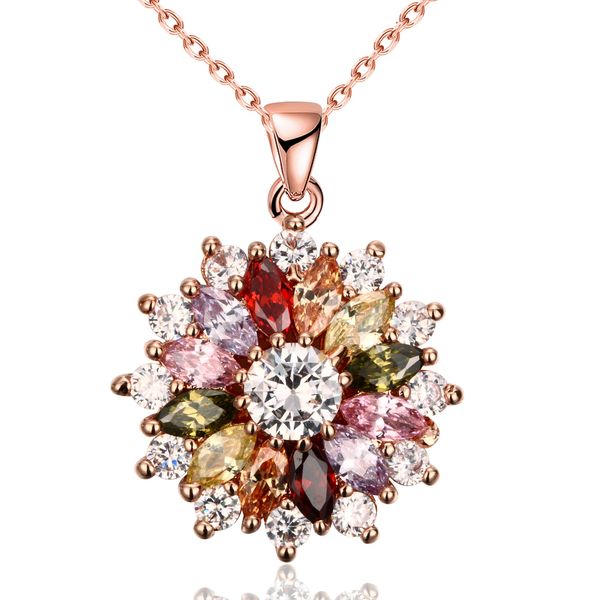 YAZILIND Rose Gold Plated Necklace Shining Fashion Colour Flower Shape Cubic Zirconia Pendant Necklaces Jewellery for Women Girls