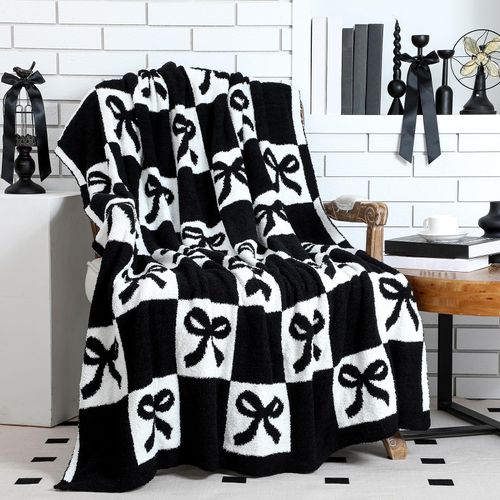 Buryeah Bow Knit Throw Blanket, 50 x 60 Inch Black and White Preppy Cute Reversible Knitted Throw Blanket, Coquette Cozy Soft Lightweight Plush Gift for Couch Sofa Bed Travel
