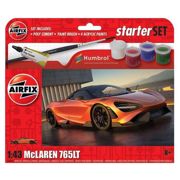 Airfix Starter Set - A55006 McLaren 765LT Model Building Kit - Plastic Model Car Kits for Adults & Children 8+, Set Includes Decals, Humbrol Acrylic Paints, Brushes & Poly Cement - 1:43 Scale Model