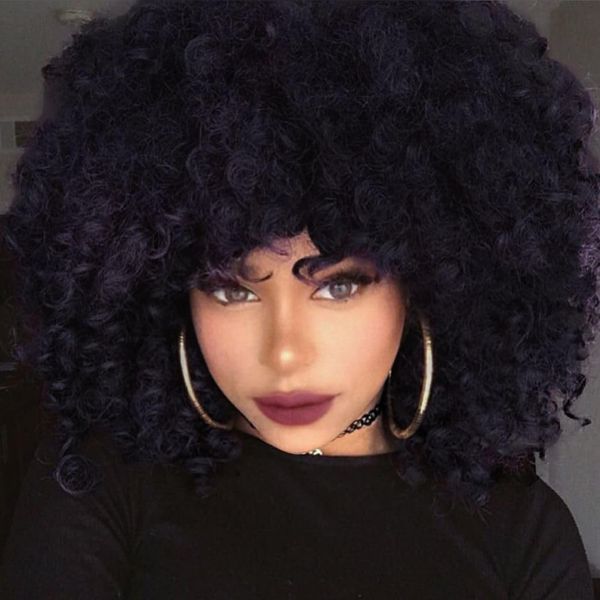 Salaibs Afro Purple Curly Wig for Black Women Short Kinky Mixed Black Fluffy Wig Synthetic Heat Resistant Hair for Halloween Daily Use