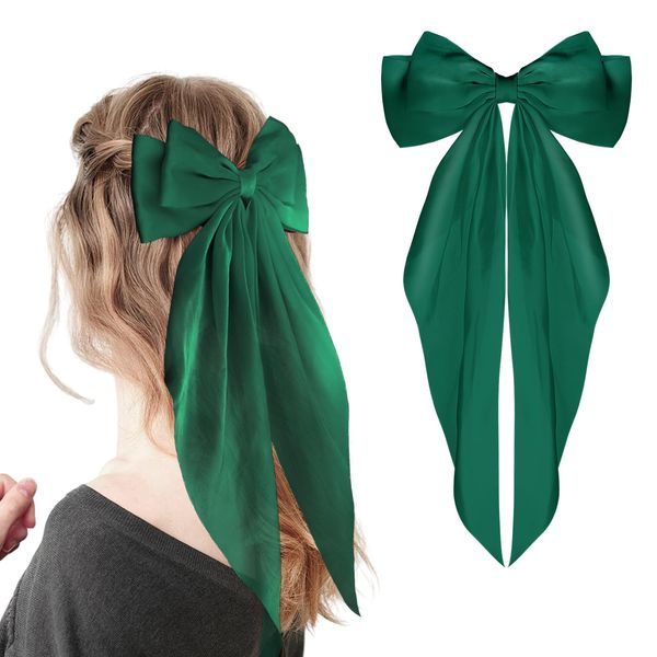 WLLHYF Big Bow Hair Clips Satin Silky Bow Barrettes Long Tail French Hair Bows Metal Hair Pins Bowknot Hair Clamps Hair Accessories for Women Girls Wedding Birthday Party Valentine's Day (Green)