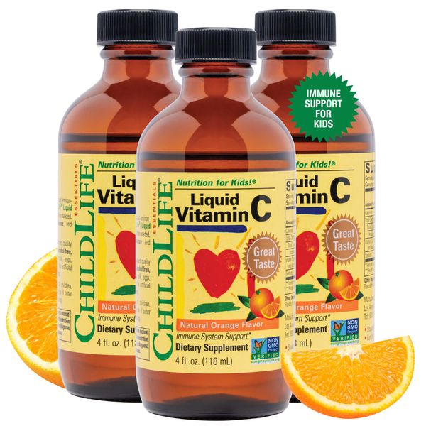 CHILDLIFE ESSENTIALS Liquid Vitamin C for Toddlers & Kids- Immune Support, Vitamin C Liquid, All-Natural, Gluten-Free, Allergen Free, High in Antioxidants - Orange Flavor, 4 Ounce Bottle (Pack of 3)