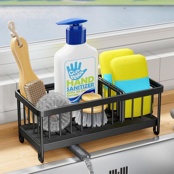 Kitchen Sink Caddy Metal Sponge Holder for Kitchen Organiser Sink Tidy with Removable Drip Tray and Drainage Countertop Sink Washing up Organiser (Black)