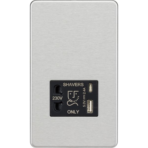 Knightsbridge Screwless Shaver socket with dual USB A+C (5V DC 2.4A shared) - brushed chrome with black insert