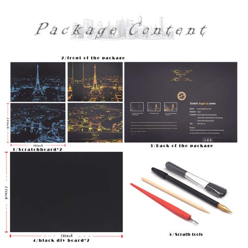 Scratch Golden Painting Paper,Scratch Painting Creative Gift,Scratch&Sketch Art for Kids&Adults,with 4 Tools,16''x11''(Paris,London)