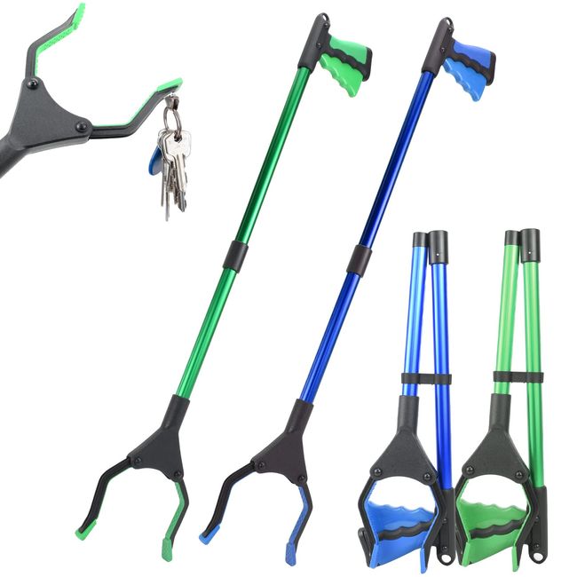 HUOGEE Faltbare Greifer 2 Stück Greifer für Senioren 81cm Müllgreifer mit Aluminium Als Hand-Verlängerung und Hilfe Beim Aufheben für Haushalt (blau-grün)…