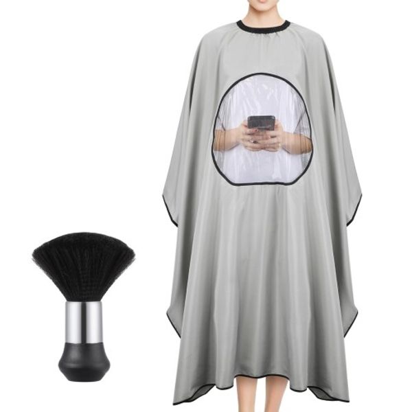 (Segbeauty) Haircut Cape, Hair Apron, Cutting Apron with Transparent View Window and Cleaning Brush, For Home, For Kids and Adults, For Hairdressing, Gray