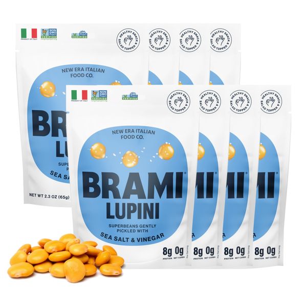 BRAMI Simply Pickled Lupini Beans Snack | 9g Plant Protein, 0g Net Carbs | Vegan, Vegetarian, Keto, Mediterranean Diet, Non Perishable, Healthy Snack | 2.3 oz (Sea Salt & Vinegar, 8 Count)