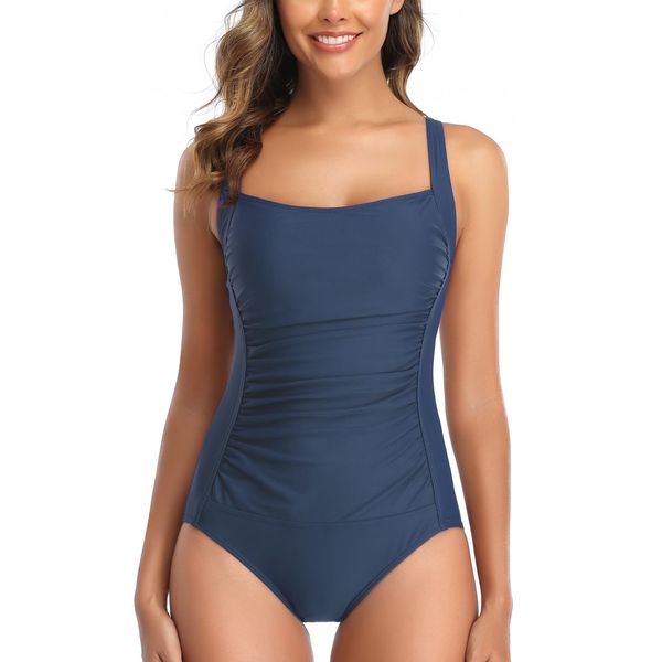 Swimming Costume Women Tummy Control One Piece Swimsuits Retro Ruched Swimwear Bathing Suit Bikini Plus Size YA#Navy,XL