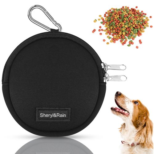 Sheryl&Rain Small Dog Treat Bag, Puppy Dog Training Pouch with Zipper Closure, Hands-Free Training Dog Treat Pouch, Includes Carabiner, for Pet Puppy Walking, Travel or Outdoor Use (Black | Round)