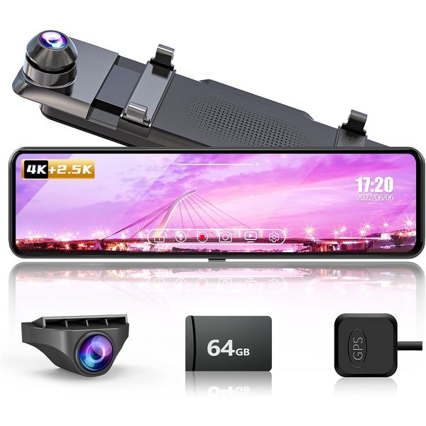 Changer Dash Camera, Mirror Type, 4K + 2.5K, 64 GB High Speed Memory Card Included, 11 Inch Telescopic Camera, Type-C Power Supply, Right Camera, GPS, 170° Wide Angle, Super Clear Night Shooting,