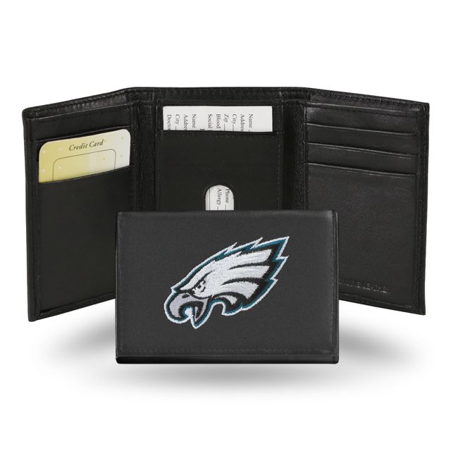 NFL Philadelphia Eagles Embroidered Genuine Leather Tri-fold Wallet 3.25" x 4.25" - Slim By Rico Industries