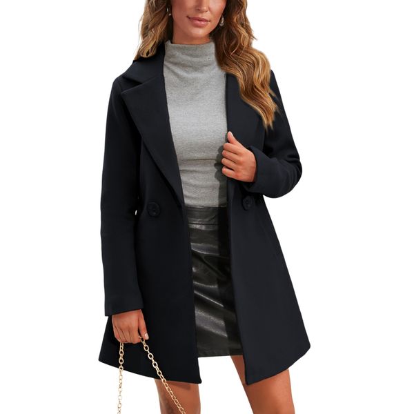 Springrain Women's Wool Pea Coat Notched Collar Double Breasted Midi Long Trench Coat Outwear (Black, M)