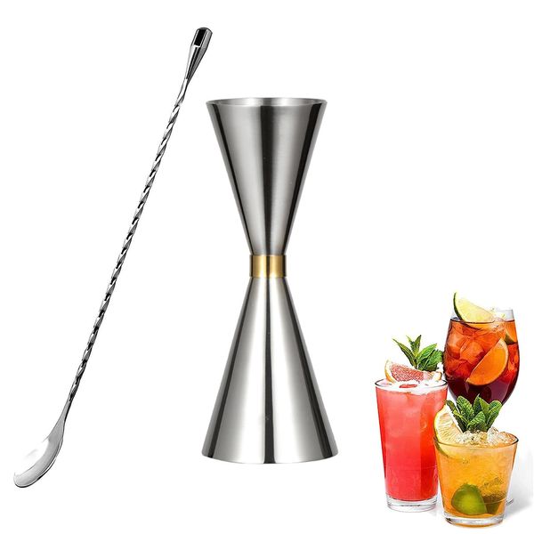 Samcos 30ml/45ml Jigger Cups Set of 2 Graduated Double Head Measuring Cups Stainless Steel Whiskey Measuring Bar Spoon 30cm Barware Bartender Essential Set (Type 1)