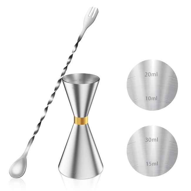 YOUSHY 30ml/45ml Jigger Cup Graduated Cocktail Measuring Measuring Cup Whiskey Measuring Bar Spoon 26cm Measuring Cup Stainless Steel Bartender Essential Set (Jigger Cup + Bar Spoon)