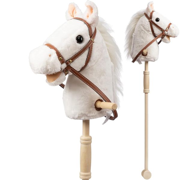 HollyHOME Stick Horse Plush Handcrafted Hobby Horse on a Stick with Wood Wheels Real Pony Neighing and Galloping Sounds for Kids Toddlers White 36 Inches(AA Batteries Required)