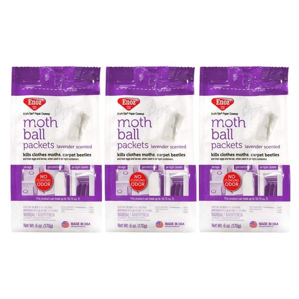 Enoz Moth-Tek Packets, Kills Clothes Moths and Carpet Beetles, Resealable Bag, Single Use Packets, Lavender Scent, 6 oz, Pack of 3