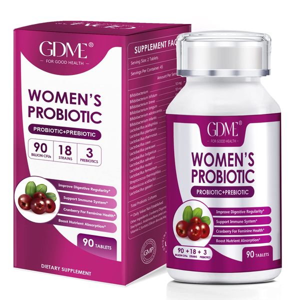 GDME Women's Probiotics, 90 Tablets 90 Billion CFU 18 Strains, Contains Organic Prebiotic Cranberry,Probiotic Supplement for Digestion, Immunity, Women's Health, Soy Gluten Dairy Free