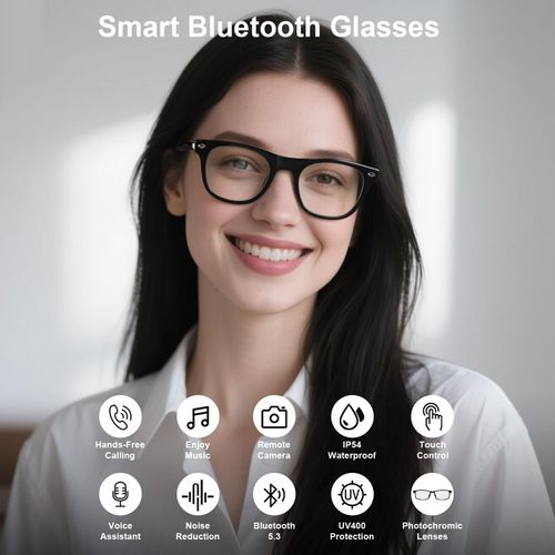 padom Smart Glasses for Men Women, Auto-On/Off & Intelligent Touch, Open Ear Sound Speakers & Mic, Anti-Blue Light Audio Glasses, UV 400 Protection Smart Bluetooth Glasses for Indoor & Outdoor(Black)
