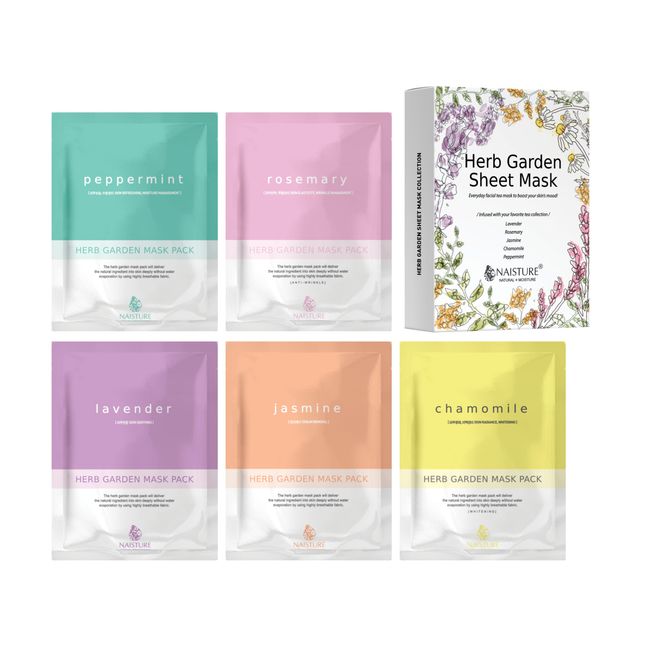 Naisture Herb Garden Sheet Mask (5pc - Lavender, Rosemary, Jasmine, Chamomile, Peppermint)-Anti-Aging, Skin Soothing, Sebum Control, Skin Brightening, Skin Hydrating-All Skin Types, Self-Care Gifts