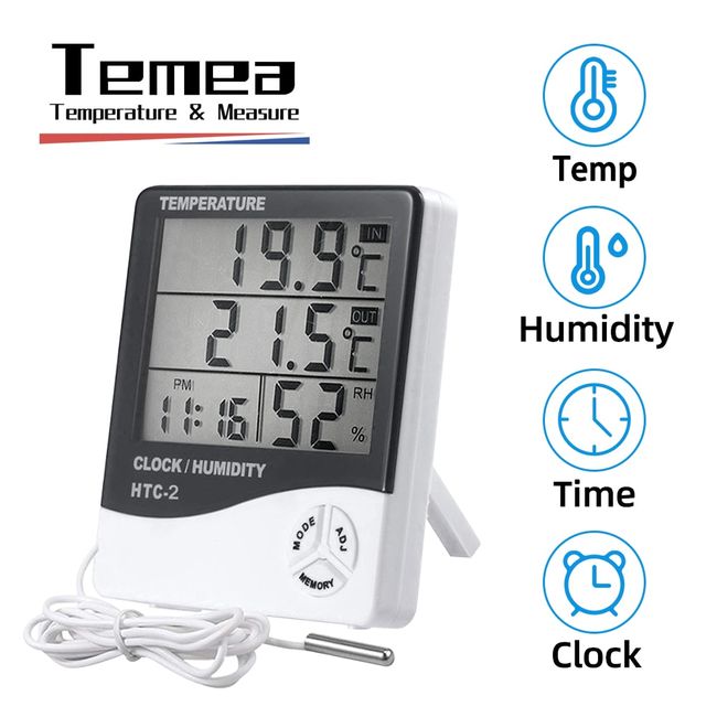 Digital LCD Temperature Humidity Meter with Probe and Clock - HTC2