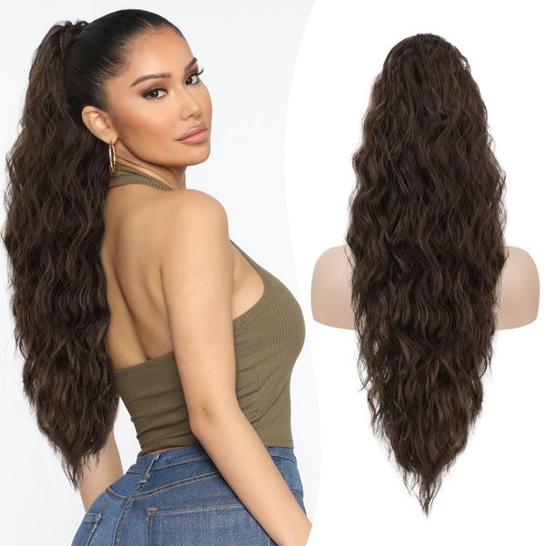 RUWISS Pferdeschwanz Verlängerung 65 cm Kordelzug Pferdeschwanz Verlängerung, Wellig Lockig Clip in Ponytail Hair Extensions, Synthetik Pferdeschwanz Haarteil für Damen Dunkelbraun