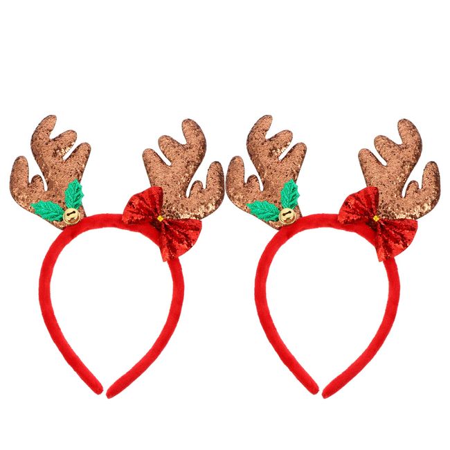 FRCOLOR Christmas Reindeer Antlers Headband,Sequin Christmas Hair Hoop Reindeer Hairband Jingle Bells Headband Christmas Bow Headband for Women,Kids,2pcs(Coffee)