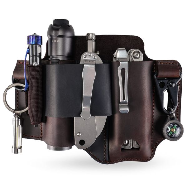 VIPERADE PJ36 EDC Multitool Sheath Leather Sheath for Men,EDC Pocket Organiser for Leatherman Multitool,Flashlight Holster and Pen Holder,Leather Belt Organiser Sheath with Key Holder (Brown)