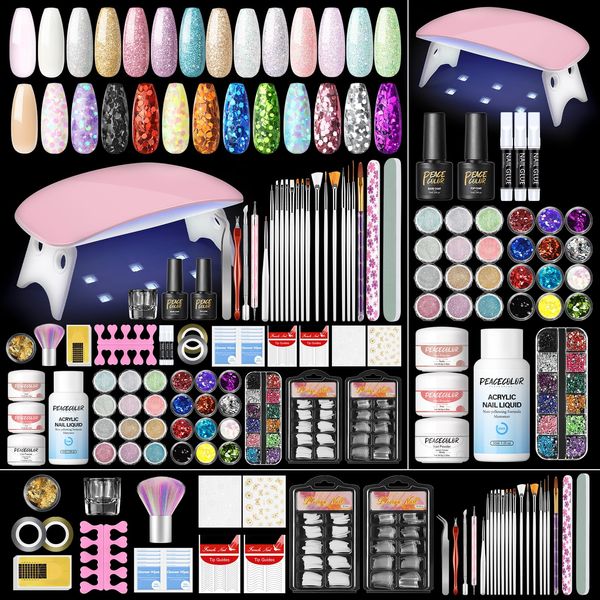 PEACECOLOR 39PCS Acrylic Nail Kits with Lamp 3 Colours Acrylic Powder Acrylic Nail Liquid Set with 24pcs Glitter Powder Nail Art False Nail Tips Manicure Full Set for Beginners Starter Kit