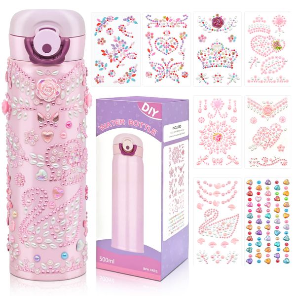 Sarsumir Girls Water Bottle, Decorate Your Own Water Bottle DIY Craft Kits for Kids with 8 Stickers, Girls Toys Age 5 6 7 8 9 10 11 Leakproof BPA Free Waterbottle, Pink