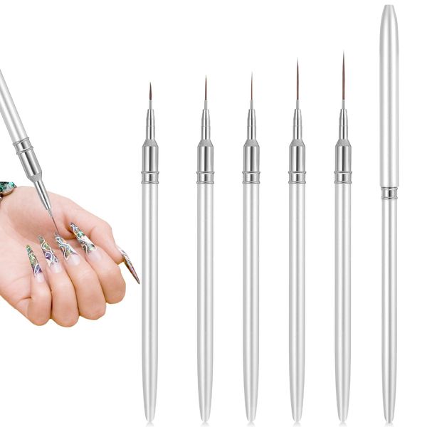 5PCS Thin Nail Art Liner Brushes, Fine Nail Art Brush, Nail Liner Brush with Metal Pen Holder for Nail Art Nails Gel Polish Painting Designs Sizes 7/9/11/15/20mm (Silver)