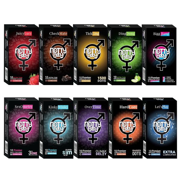 NottyBoy Bulk Combo Pack of 100 Condoms for Men - 10 Varieties - Multi Textured, Extra Thin Mixed Flavoured | Ribbed | 1500 Dots | Over Time | Lubricated Condom