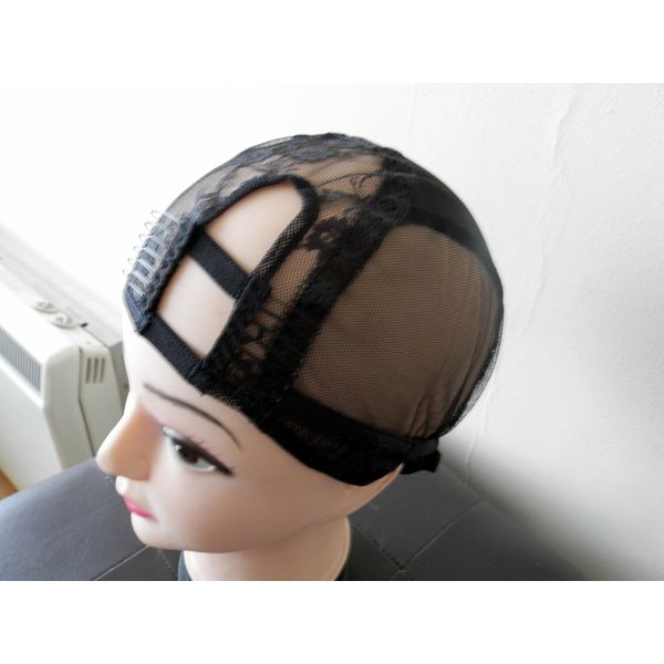 Combs attached Large Black Left U Part wig cap.U-Part Weaving Cap. UPart wig making.