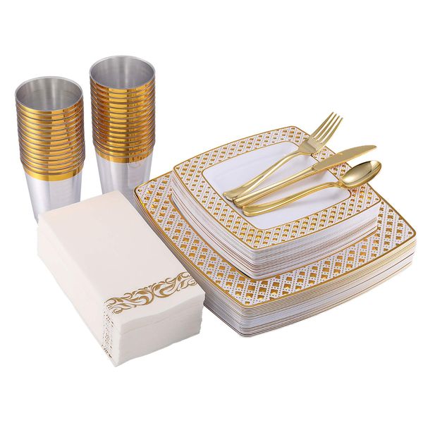 175 Piece Gold Dinnerware Set 25 Guest-50 Diamond Square Plastic Plates-25 Gold Plastic Silverware-25 Gold Plastic Cups-25 Linen Like Gold Paper Napkins, FOCUSLINE Disposable Dinnerware Set