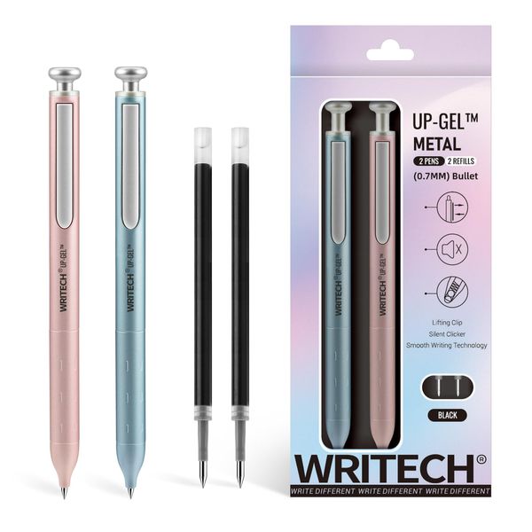 WRITECH Gel Pens Fine Point: Premium Metal Barrel Retractable 0.7mm Black Ink Pen 2ct with 2 Refills No Smear & Bleed Quick Dry Smooth Writing Silent Click Luxury Up-Gel