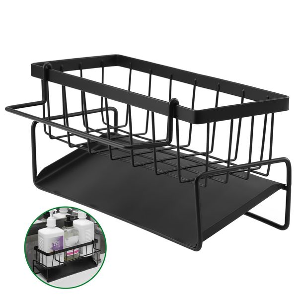 Huiguli Spülbecken Organizer, Edelstahl Küchen Sink Caddy Organizer mit Selbstentleerender Ablaufwanne, Spülorganizer Spüle Ablage mit handtuchhalter, für Lappen Bürsten Schwamm und Seife, Schwarz