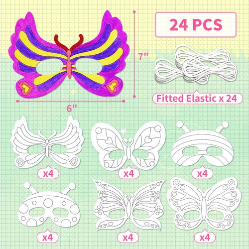 VKPI 24 PCS Color Your Own Butterfly Paper Masks, Coloring Mask Craft Kit for Kids, Birthday Party Favors School Activities