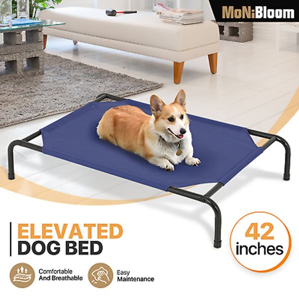 42" Elevated Cooling Dog Bed Portable Cots Ventilated Mesh Waterproof Navy Blue