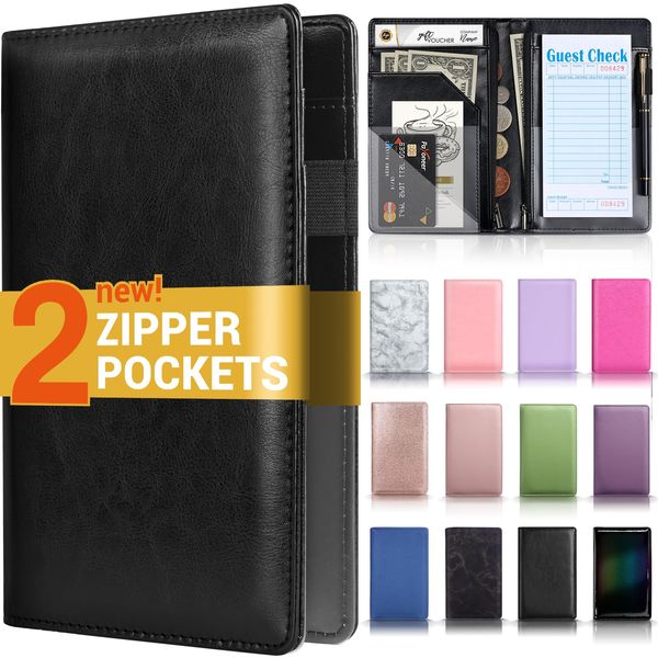 Server Book with 2 Zipper Pockets, Leather Server Books for Waitress, Waiter Book, Durable Waitress Book with Money Pocket and Zipper, Waiter Wallet Server Booklet Checkbook Fit Server Apron (Black)