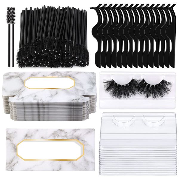 175 Pieces Lash Packaging Wholesale, Include 30 Empty Eyelashes Packaging Box, 30 False Lash Trays, 15 Eyelash Tweezers and 100 Eyelash Brush Mascara Wands Disposable (Marble)