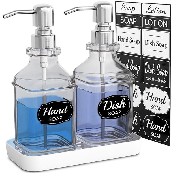 LMQML Soap Dispenser - 2 Pack, Antique Design Thick Glass Hand Soap Dispensers with Sturdy Tray; 304 Rust Proof Stainless Steel Silver Pump, 12Pcs Stickers, for Kitchen, Bathroom