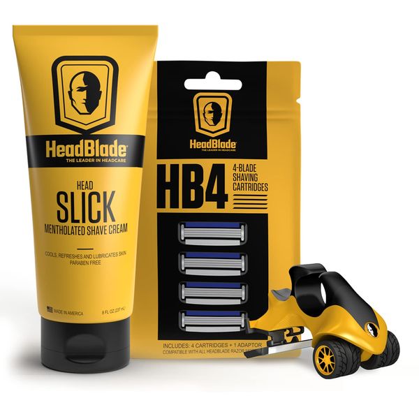 ATX Men's Head Shaving Basics Bundle with 8oz HeadSlick Cream, Razor, Blade Refills - Close Shave Kit with An Easier and Faster Shave